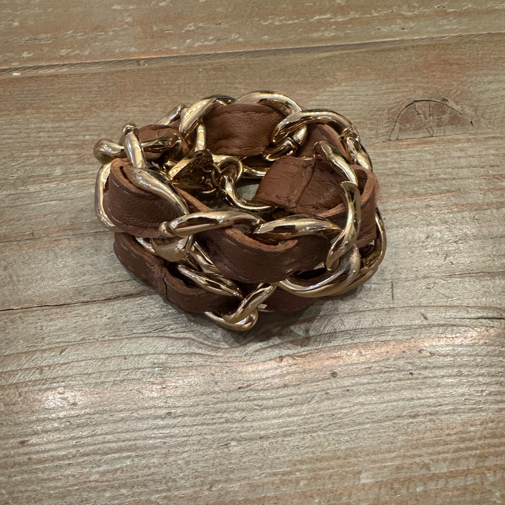CC Sky Brown Leather and Gold Chain Wrap Bracelet